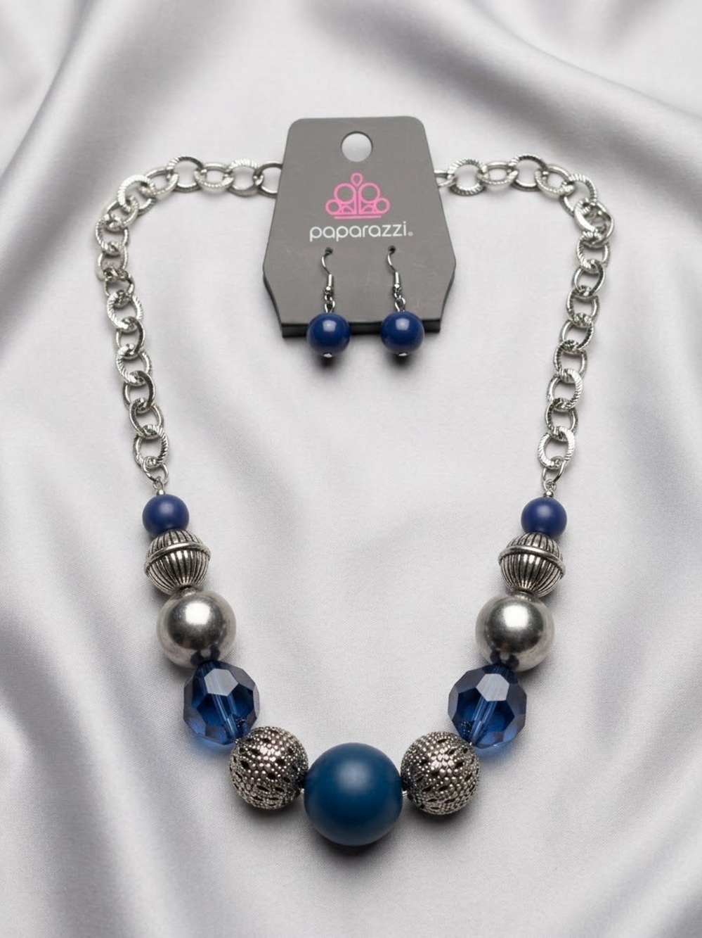 paparazzi Silver-Tone & Royal Blue Mixed Bead Necklace with Matching Earrings